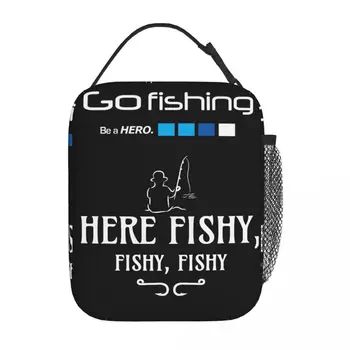 Here Fishy Fun Go Fishing Изолированная сумка для ланча в рыбной тематике Коробка для еды Портативный термоохладитель Ланч-бокс