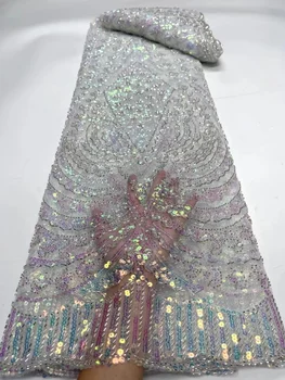 Кружевные ткани с пайетками 2022 Party Bridal Glitter French Net Sequence Хрустальные бусины ручной работы Новый Высококачественный Тюль из бисера в нигерийском стиле