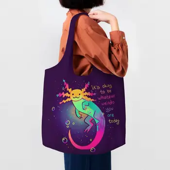 Сумка для покупок Kawaii Rainbow Axolotl Многоразового использования, Мультяшная Саламандра, сумки для покупок, сумки для фотографий