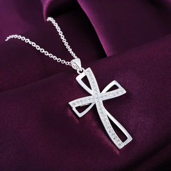 Акции, серебряное ожерелье 925 пробы, шарм для женщин, цепочка с подвеской в виде креста из кирстали, ювелирные изделия, милая свадебная вечеринка