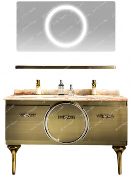Комбинированный шкаф для ванной комнаты из нержавеющей стали, умывальник для ванной комнаты на вилле, Умное зеркало, Золотая Двойная раковина, мрамор