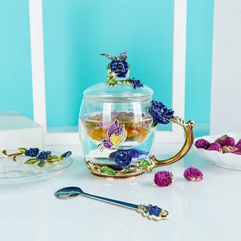 Хрустальная Чашка с Голубой Розовой Эмалью, Цветочное Чайное Стекло, Высококачественная Стеклянная Чашка Для Воды с Ручкой, Идеальный Подарок для Влюбленных, Свадебная Подарочная Коробка