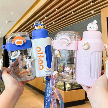 320/400 мл Мультяшный портативный двойной термос для детей, мальчиков и девочек, с соломой, пластиковые бутылки для воды, не содержащие BPA