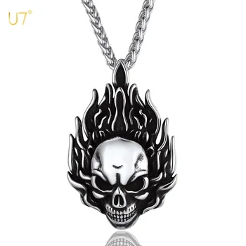 U7 Ожерелье с огненным черепом из нержавеющей стали для мужчин и женщин, 3D-тиснение, черная сталь, Индивидуальная гравировка на спине, украшения в готическом стиле в стиле панк на Хэллоуин
