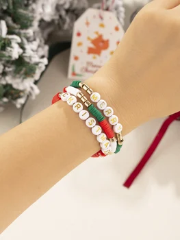 Красно-белый＆ Зеленый набор браслетов из полимерной глины с рождественским письмом