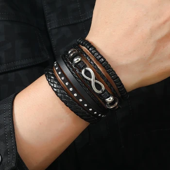 Винтажный кожаный браслет Для мужчин с 8-значным рисунком, многослойный тканый браслет из искусственной кожи, кожаный браслет на шнурке, ювелирные изделия