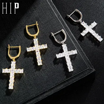 Хип-хоп, 1 пара, Микромощеный крест, серьги с обледенением, Серьги-гвоздики с кубическим цирконием, мужские ювелирные изделия в стиле хип-хоп
