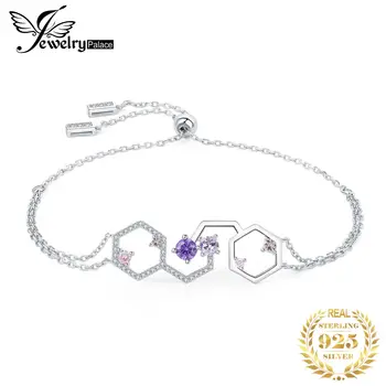 JewelryPalace Новый Геометрический шестиугольник с фиолетово-розовым драгоценным камнем из стерлингового серебра 925 пробы, регулируемый браслет-звено для женщины и девушки, модный подарок