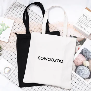 Kpop Милая холщовая сумка для покупок SOWOOZOO с мультяшным принтом Простая Большая вместимость Включает внутренний карман Сумочка Белая черная
