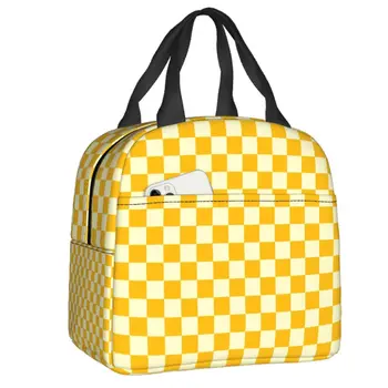 Кремово-желтая изолированная сумка для ланча в шахматном порядке для женщин с геометрическим рисунком в клетку с возможностью повторного использования Термоохладитель Ланч-бокс для еды Школьный