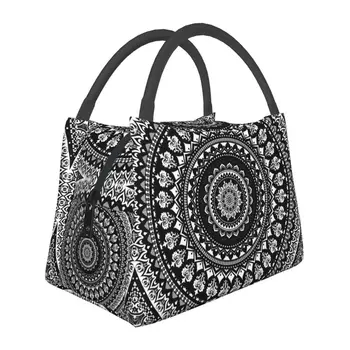 Монохромная изолированная сумка для ланча Mandala для женщин, Бохо, сменный кулер, термос для еды, ланч-бокс для работы и путешествий
