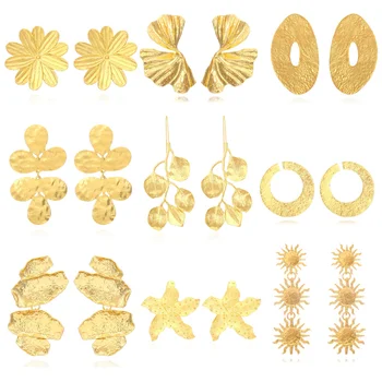 AOMU Новые геометрические серьги неправильной формы для женщин Уникальный дизайн, преувеличенный золотой цвет, цветы, листья, металлические серьги, ювелирные изделия