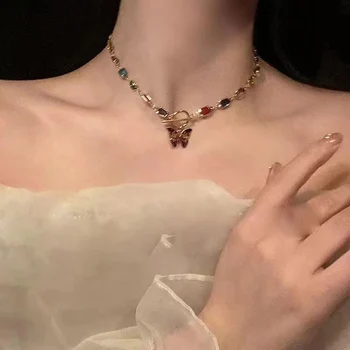 Модная красочная хрустальная цепочка без пряжки, ожерелье с цветочным воротником-бабочкой, Ожерелья для женщин, Ювелирные изделия для девочек, Подарки для свадебной вечеринки
