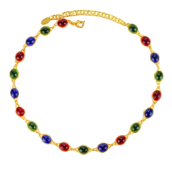 Винтажный стиль 90-х, золотая инкрустация, разноцветные стеклянные камни из смолы, эффектное ожерелье