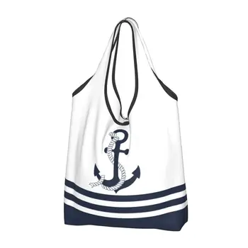 Печатные морские синие якоря в синюю и белую полоску, сумка для покупок, портативная сумка для покупок, парусная сумка для моряков