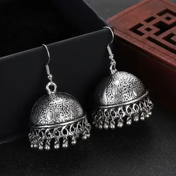 Этнический Классический серебристый цвет, индийские серьги-Джумка, женские цыганские круглые украшения с кисточками-фонариками, Богемные серьги в подарок