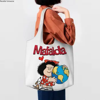 Mafalda World И Ее Щенок Продуктовые Сумки Для Покупок, Холщовые Сумки-Тоут На плечо, Вместительные Прочные Сумки с героями Комиксов Quino